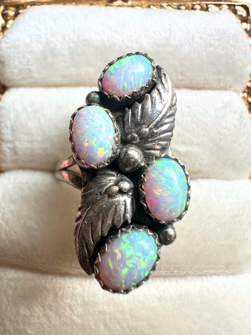 Sterling Silver Four Opal Statement Ring with “R” Hallmark Size 6.75